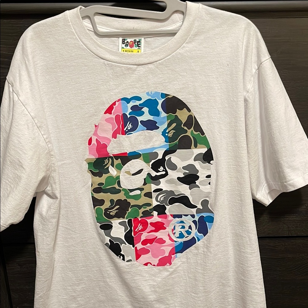 Bape White Tee with Multicolor Camo Ape Head